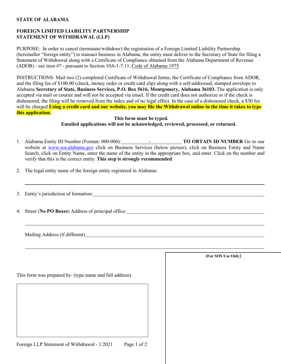 Foreign Limited Liability Partnership Statement of Withdrawal (LLP ) - Alabama, Page 1
