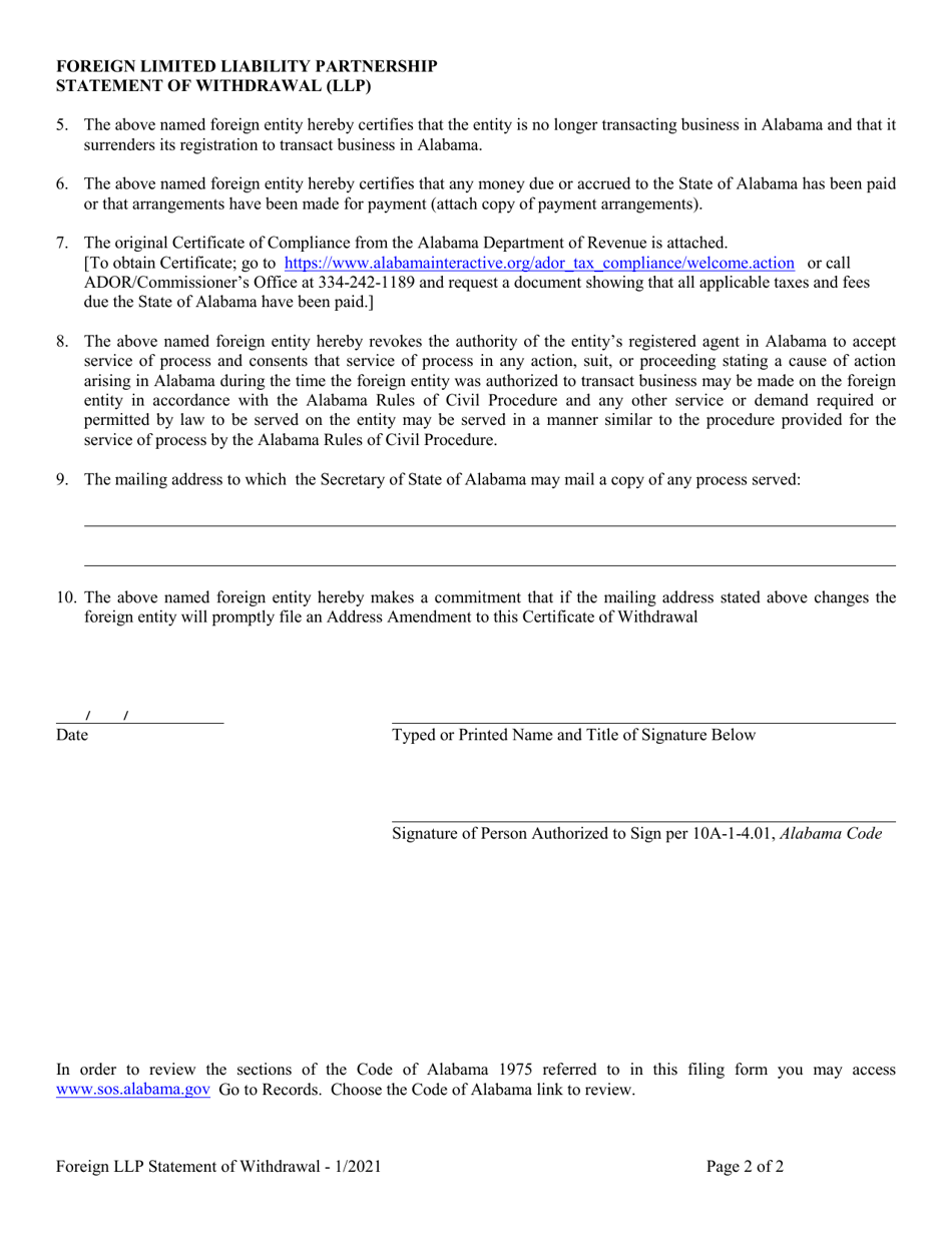 Foreign Limited Liability Partnership Statement of Withdrawal (LLP ) - Alabama, Page 2