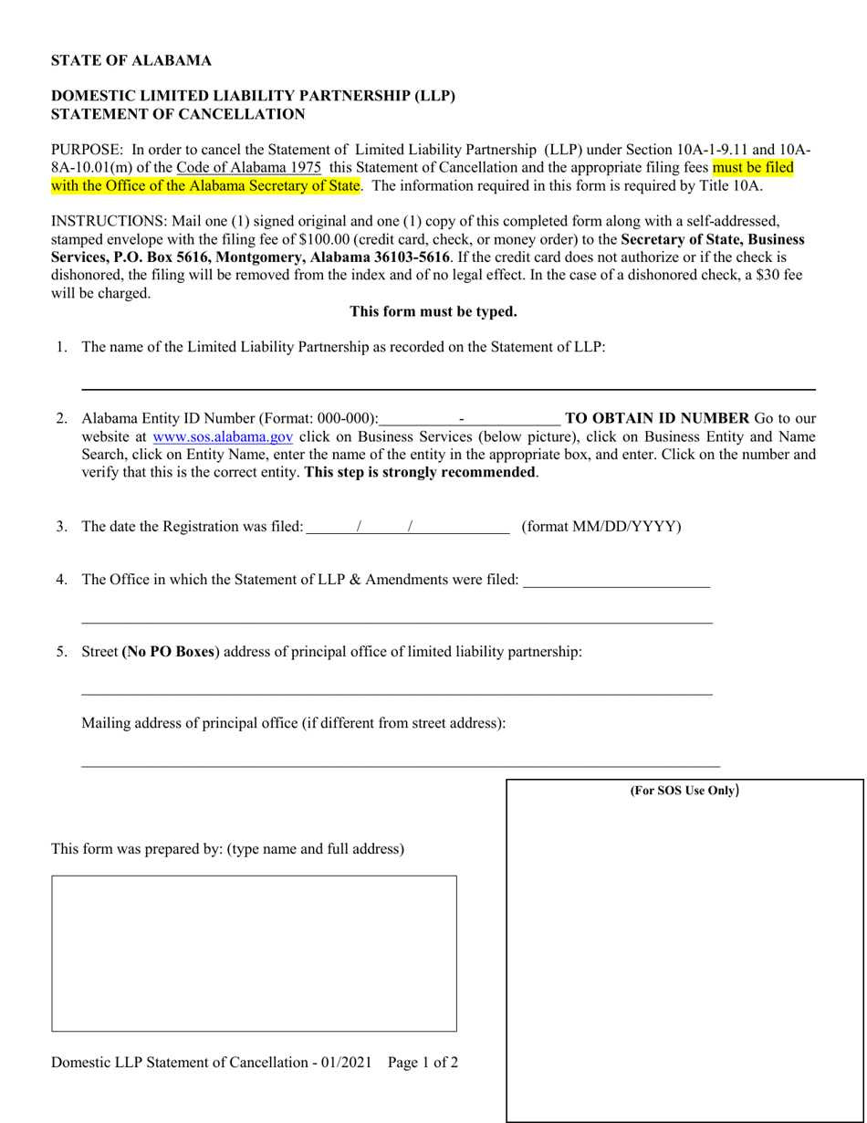 Domestic Limited Liability Partnership (LLP ) Statement of Cancellation - Alabama, Page 1