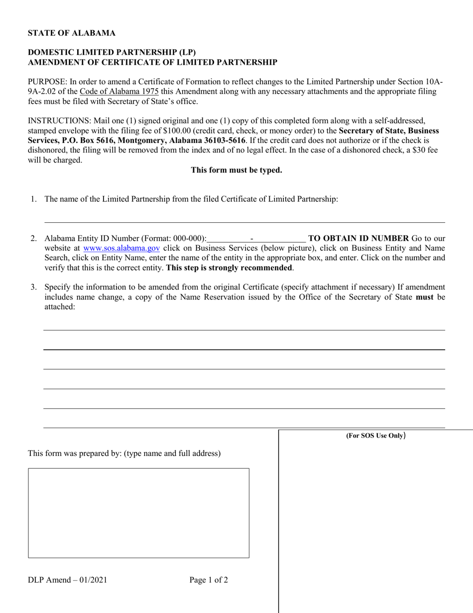 Domestic Limited Partnership (Lp) Amendment of Certificate of Limited Partnership - Alabama, Page 1