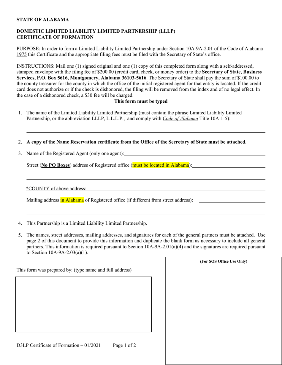 Domestic Limited Liability Limited Partnership (Lllp) Certificate of Formation - Alabama, Page 1