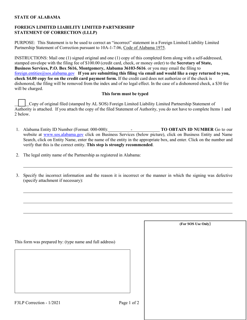Foreign Limited Liability Limited Partnership Statement of Correction (Lllp) - Alabama, Page 1