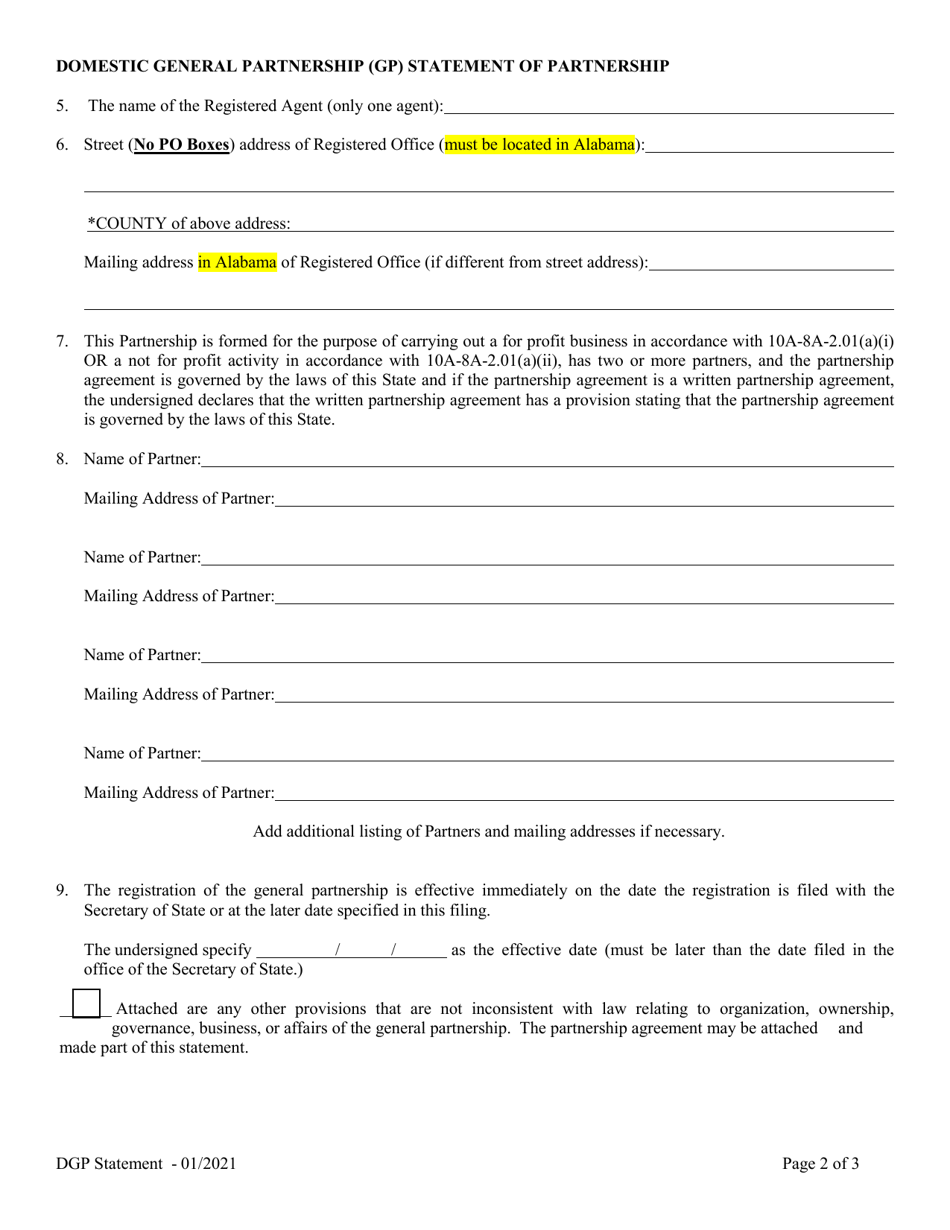 Domestic General Partnership (Gp) Statement of Partnership - Alabama, Page 2