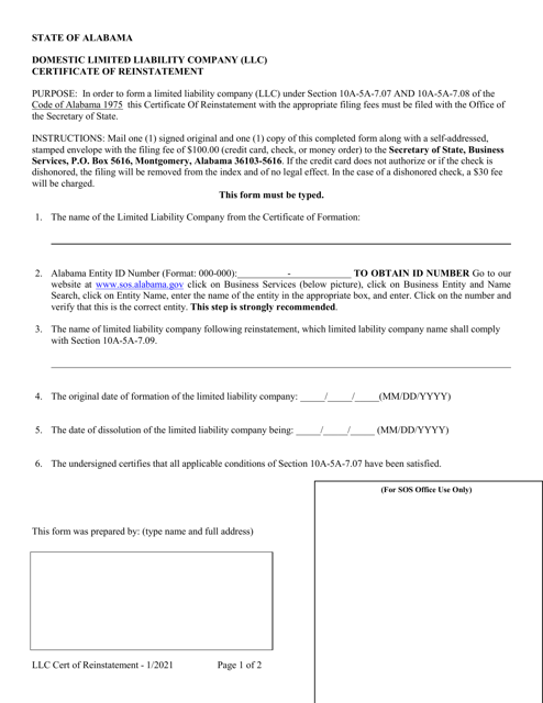 Domestic Limited Liability Company (LLC) Certificate of Reinstatement - Alabama Download Pdf