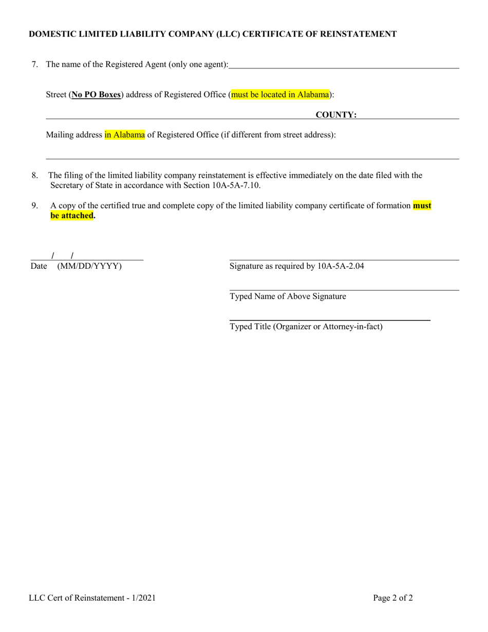 Domestic Limited Liability Company (LLC) Certificate of Reinstatement - Alabama, Page 2