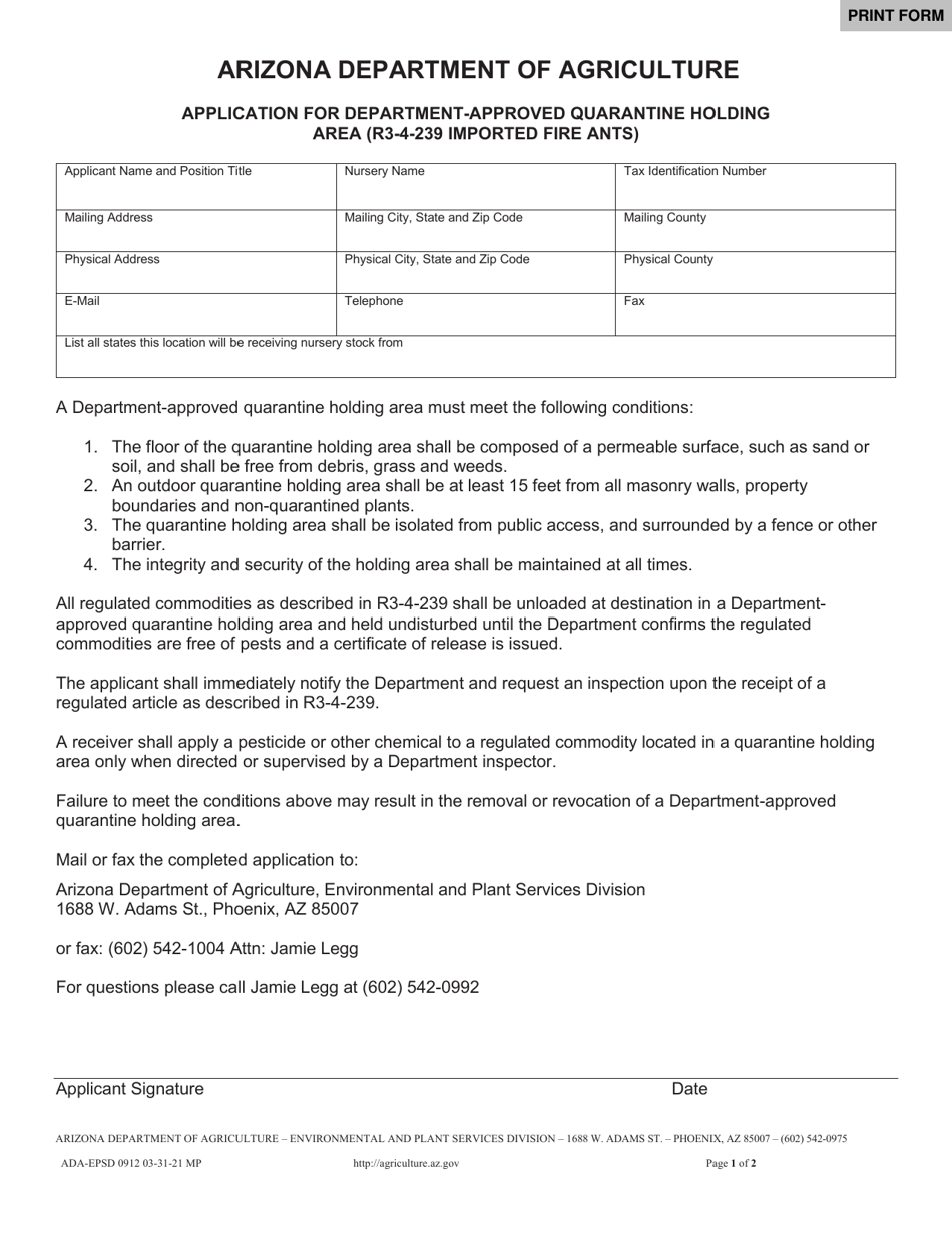 Form ADA-EPSD0912 Application for Department-Approved Quarantine Holding Area (R3-4-239 Imported Fire Ants) - Arizona, Page 1