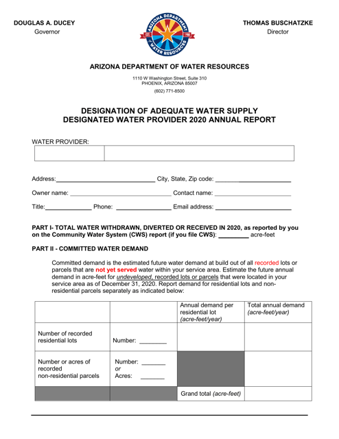 Designation of Adequate Water Supply Annual Report Form - Arizona Download Pdf