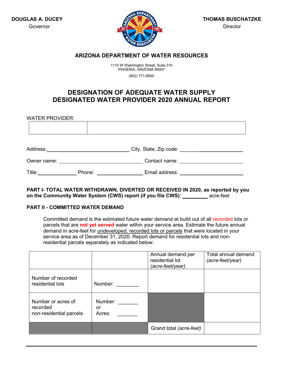 Designation of Adequate Water Supply Annual Report Form - Arizona, Page 1