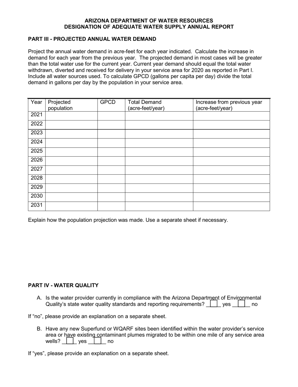 Designation of Adequate Water Supply Annual Report Form - Arizona, Page 3