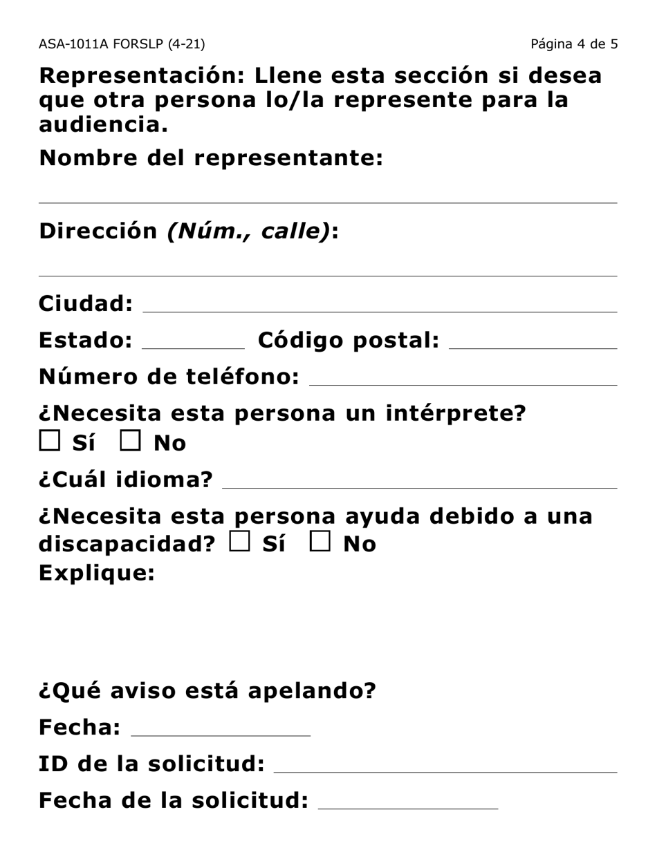 Formulario ASA-1011A-SLP Solicitud De Apelacion - Erap (Letra Grande) - Arizona (Spanish), Page 4