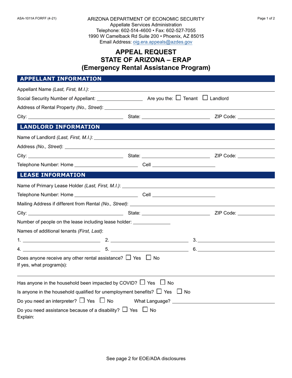 Form ASA-1011A Appeal Request - Erap - Arizona, Page 1