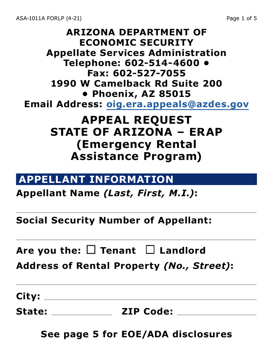 Form ASA-1011A-LP Appeal Request Erap (Large Print) - Arizona, Page 1