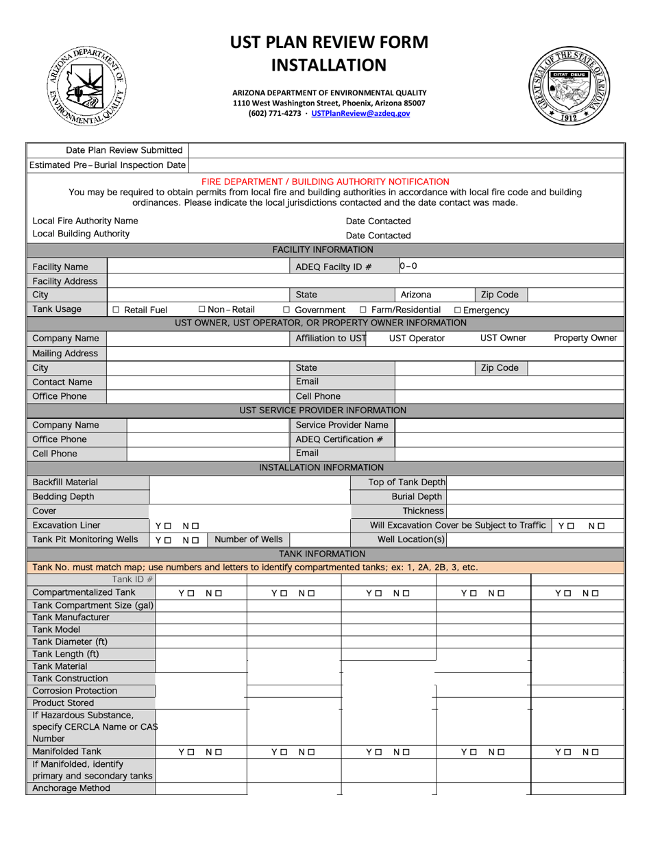Ust Plan Review Form - Installation - Arizona, Page 1