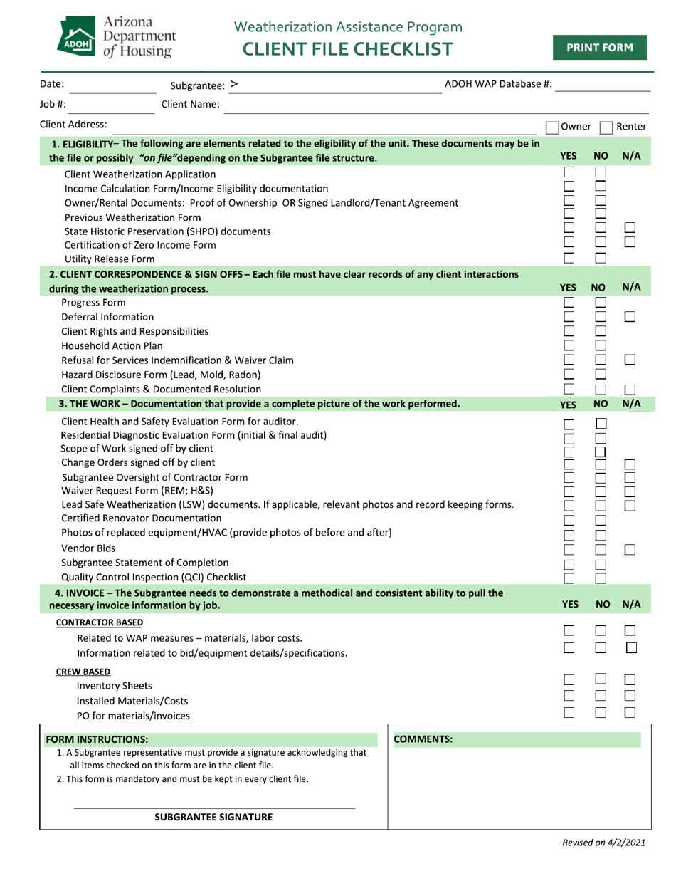 Arizona Client File Checklist Weatherization Assistance Program Fill Out Sign Online And 1979