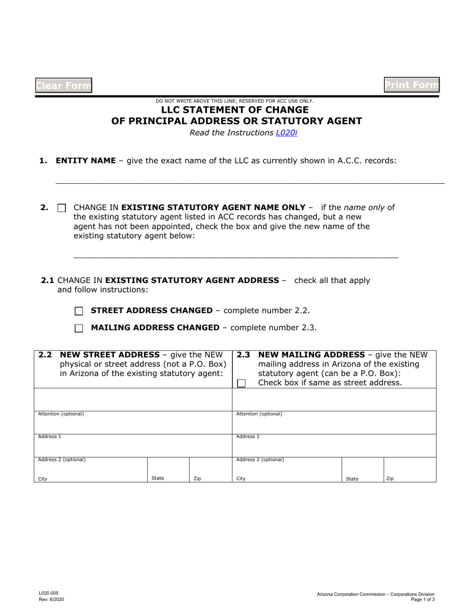 Form L020.005 LLC Statement of Change of Principal Address or Statutory Agent - Arizona, Page 1