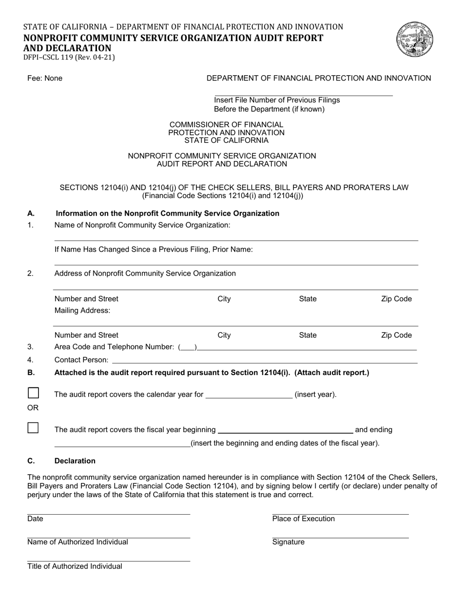 Form DFPI-CSCL119 Nonprofit Community Service Organization Audit Report and Declaration - California, Page 1