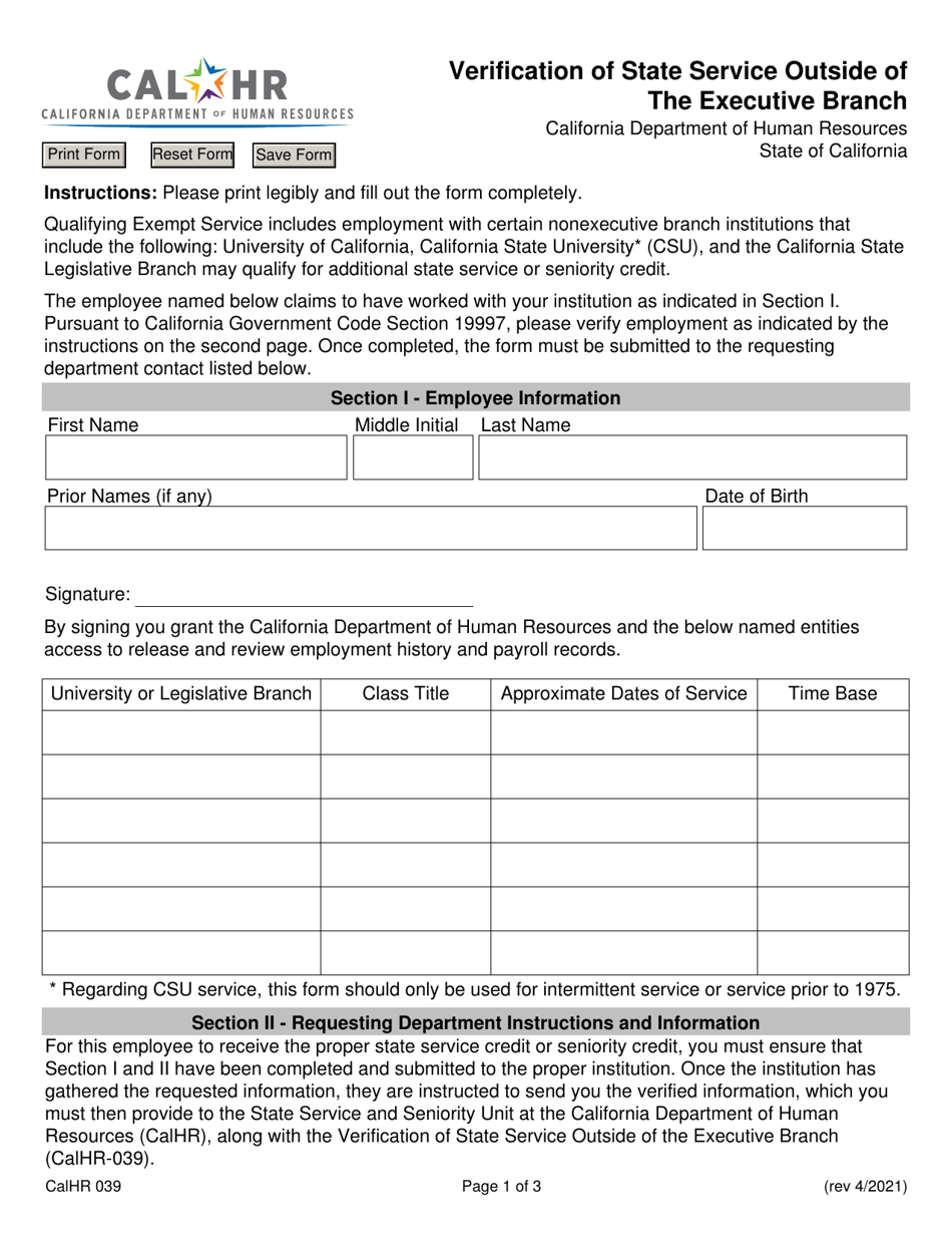 Form CALHR039 Verification of State Service Outside of the Executive Branch - California, Page 1