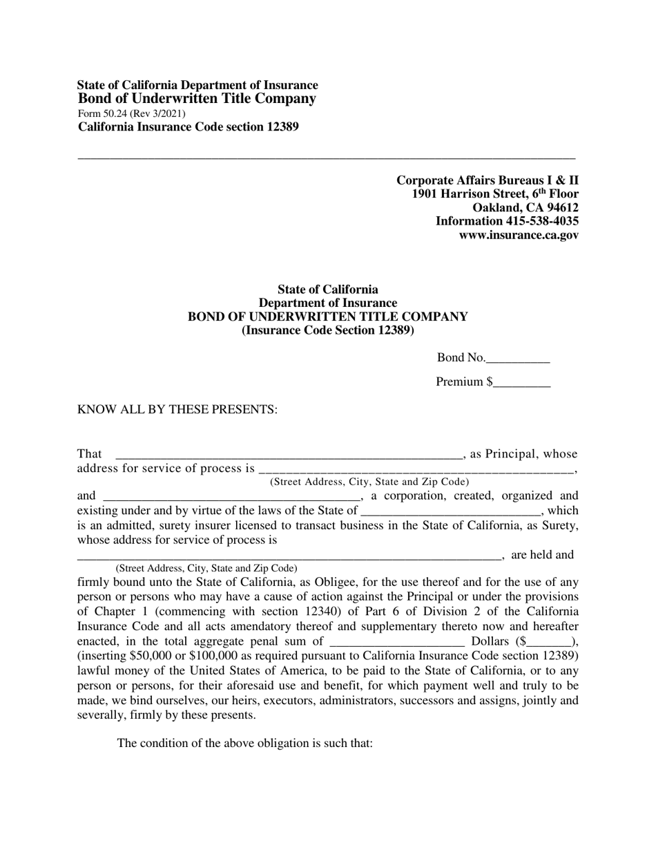 Form 50.24 Bond of Underwritten Title Company - California, Page 1