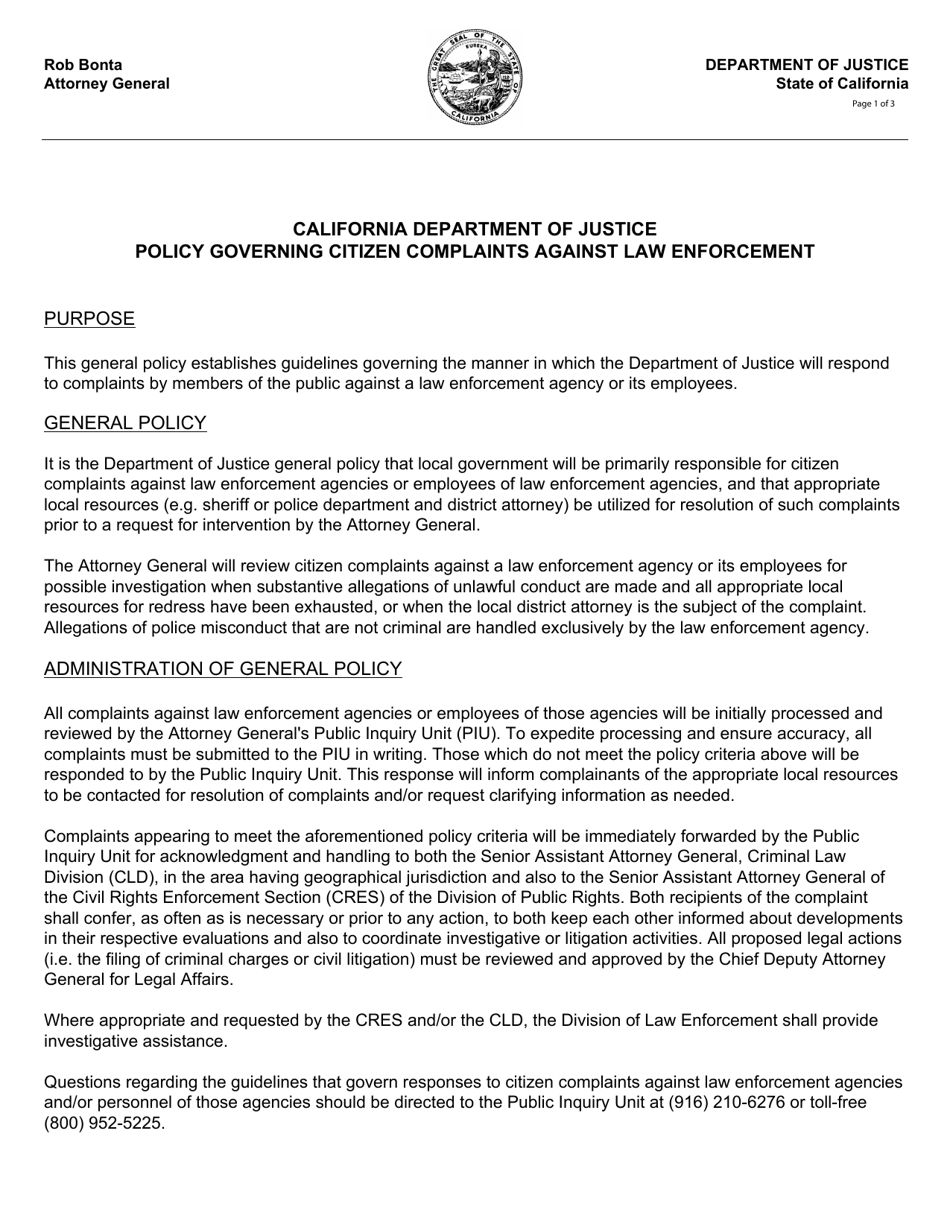 Form PIU3 Complaint About Peace Officers / Law Enforcement Agency - California, Page 1