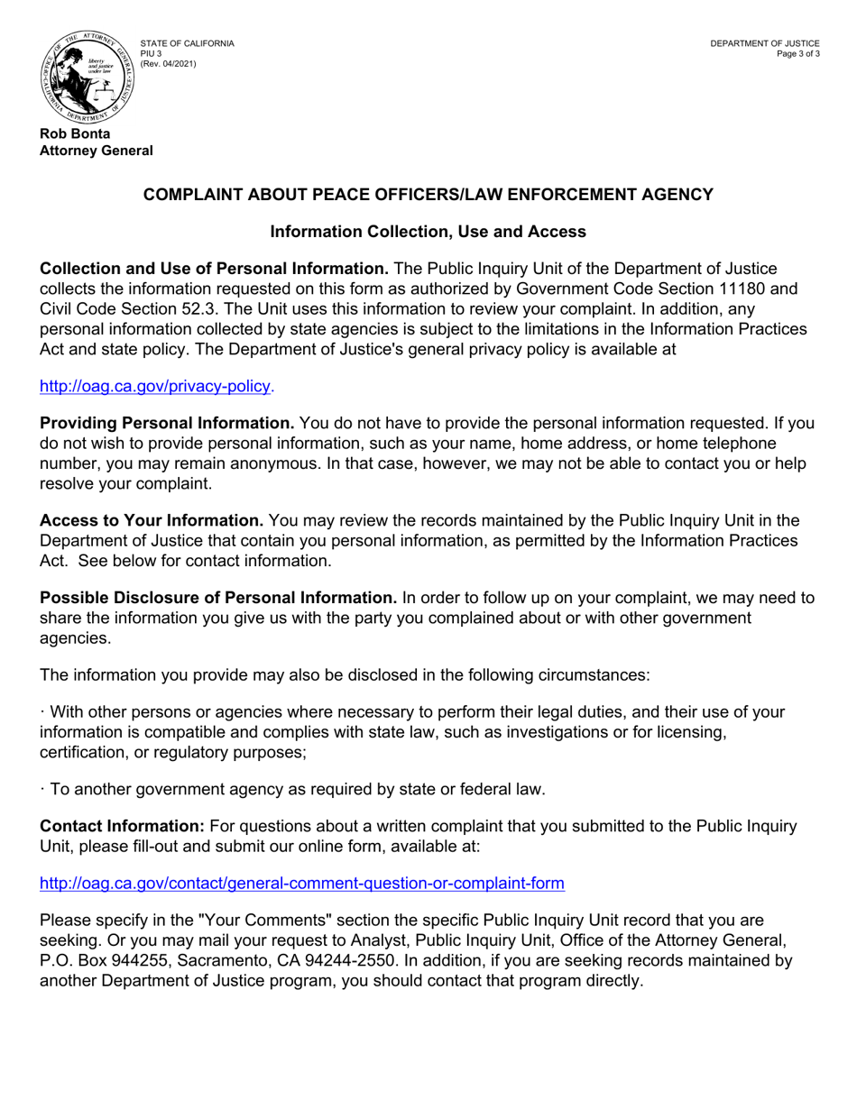 Form PIU3 Complaint About Peace Officers / Law Enforcement Agency - California, Page 3