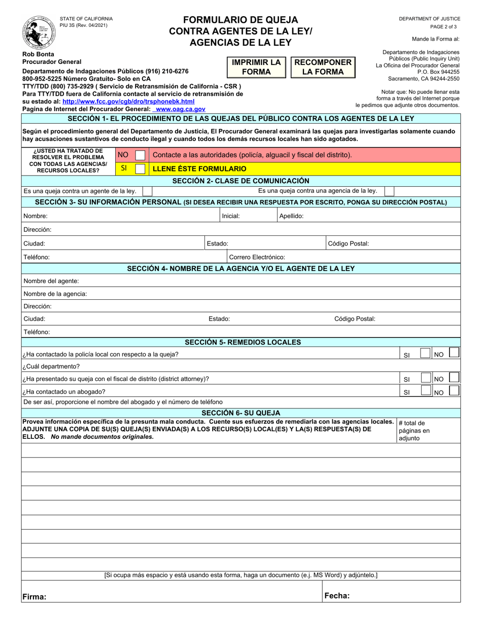 Formulario PIU3S Formulario De Queja Contra Agentes De La Ley / Agencias De La Ley - California (Spanish), Page 2