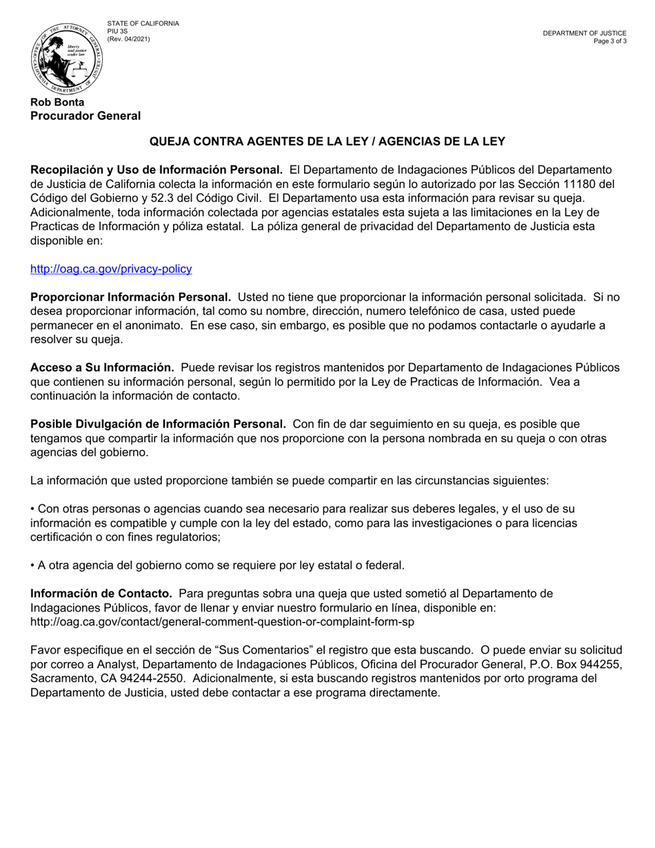 Formulario PIU3S Formulario De Queja Contra Agentes De La Ley / Agencias De La Ley - California (Spanish), Page 3
