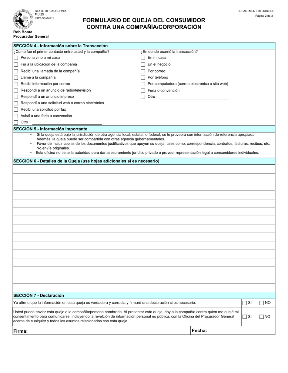 Formulario PIU2S Formulario De Queja Del Consumidor Contra Una Compania / Corporacion - California (Spanish), Page 2