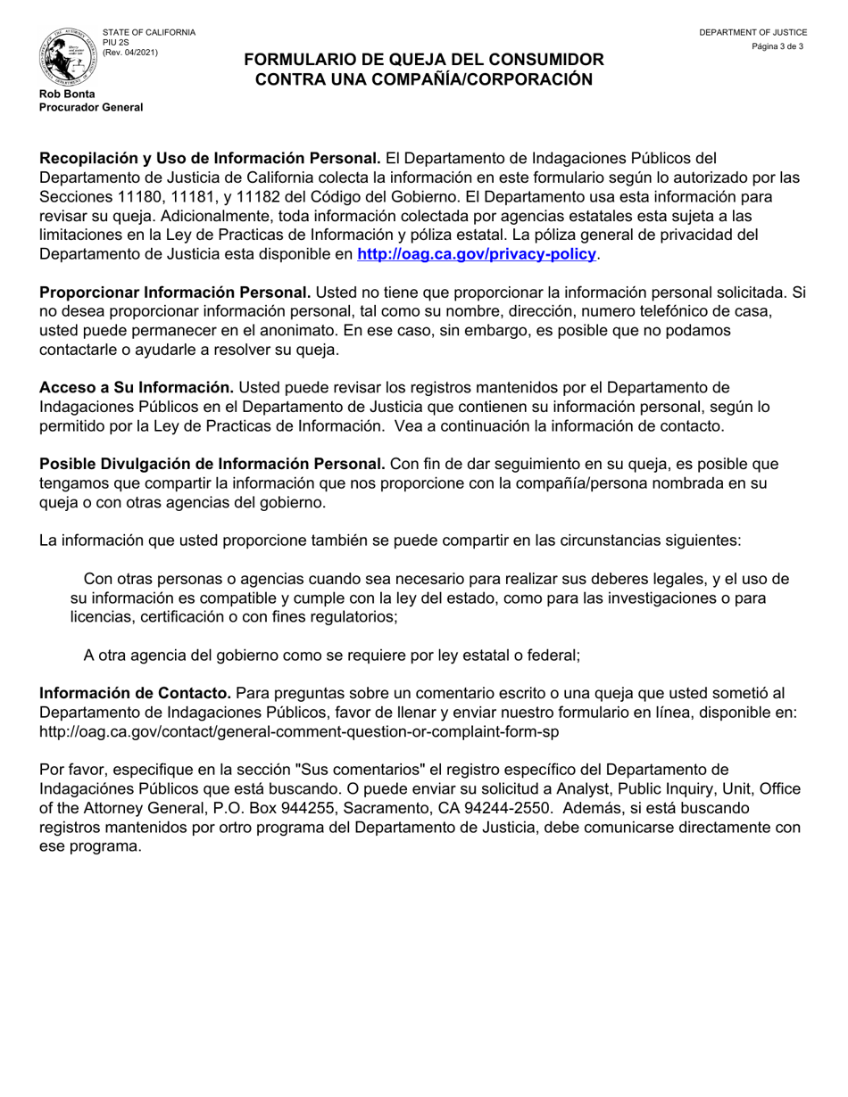 Formulario PIU2S Formulario De Queja Del Consumidor Contra Una Compania / Corporacion - California (Spanish), Page 3