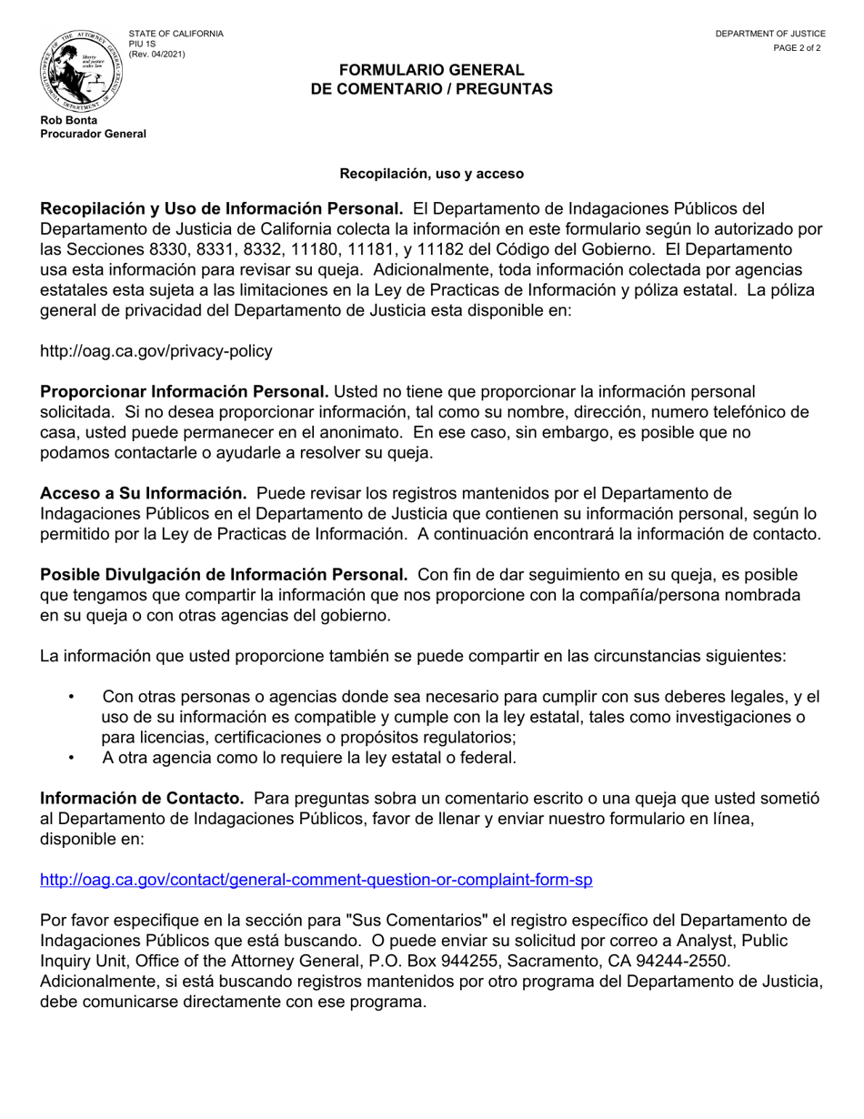 Formulario PIU1S Formulario General De Comentario / Preguntas - California (Spanish), Page 2