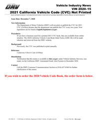 Form ADM1B &quot;California Vehicle Code Book Order Form&quot; - California, 2020