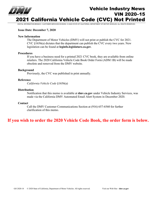 Form ADM1B California Vehicle Code Book Order Form - California, 2020