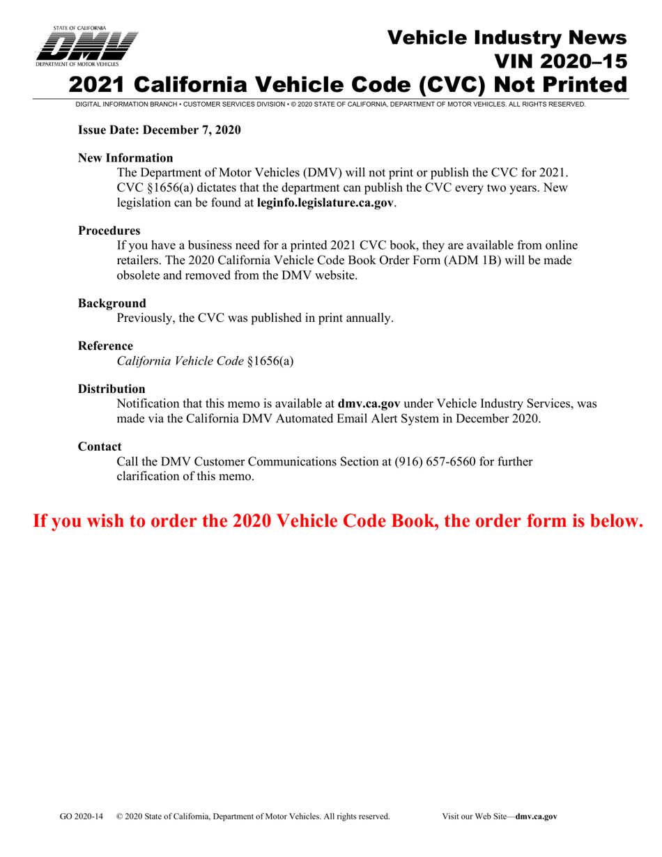 Form ADM1B California Vehicle Code Book Order Form - California, Page 1