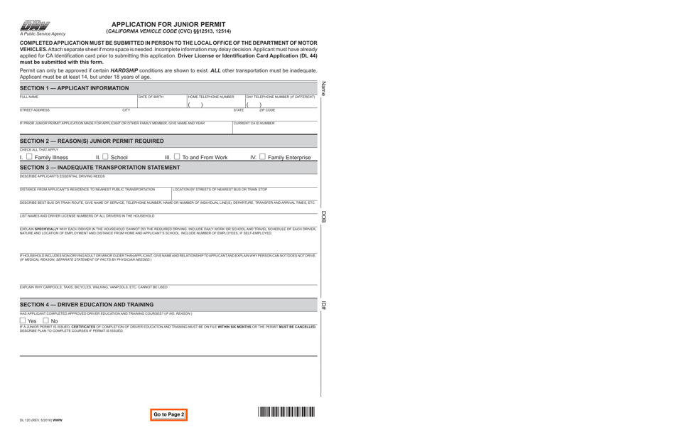 Form DL120 Application for Junior Permit - California, Page 1