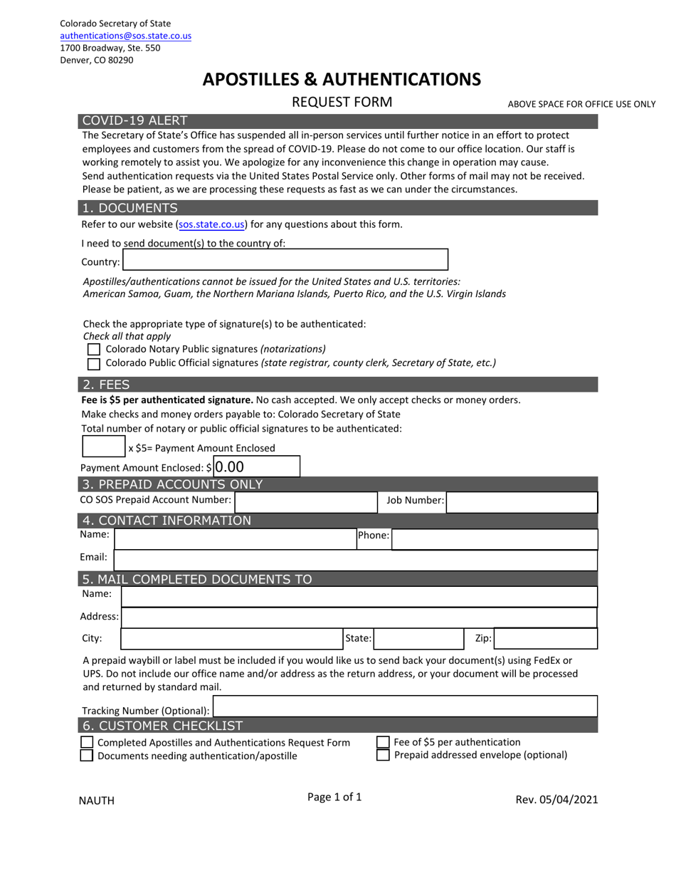 Apostilles  Authentications Request Form - Colorado, Page 1