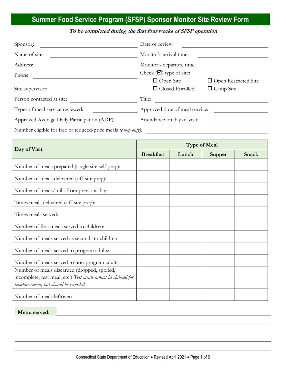 Summer Food Service Program (Sfsp) Sponsor Monitor Site Review Form - Connecticut, Page 1