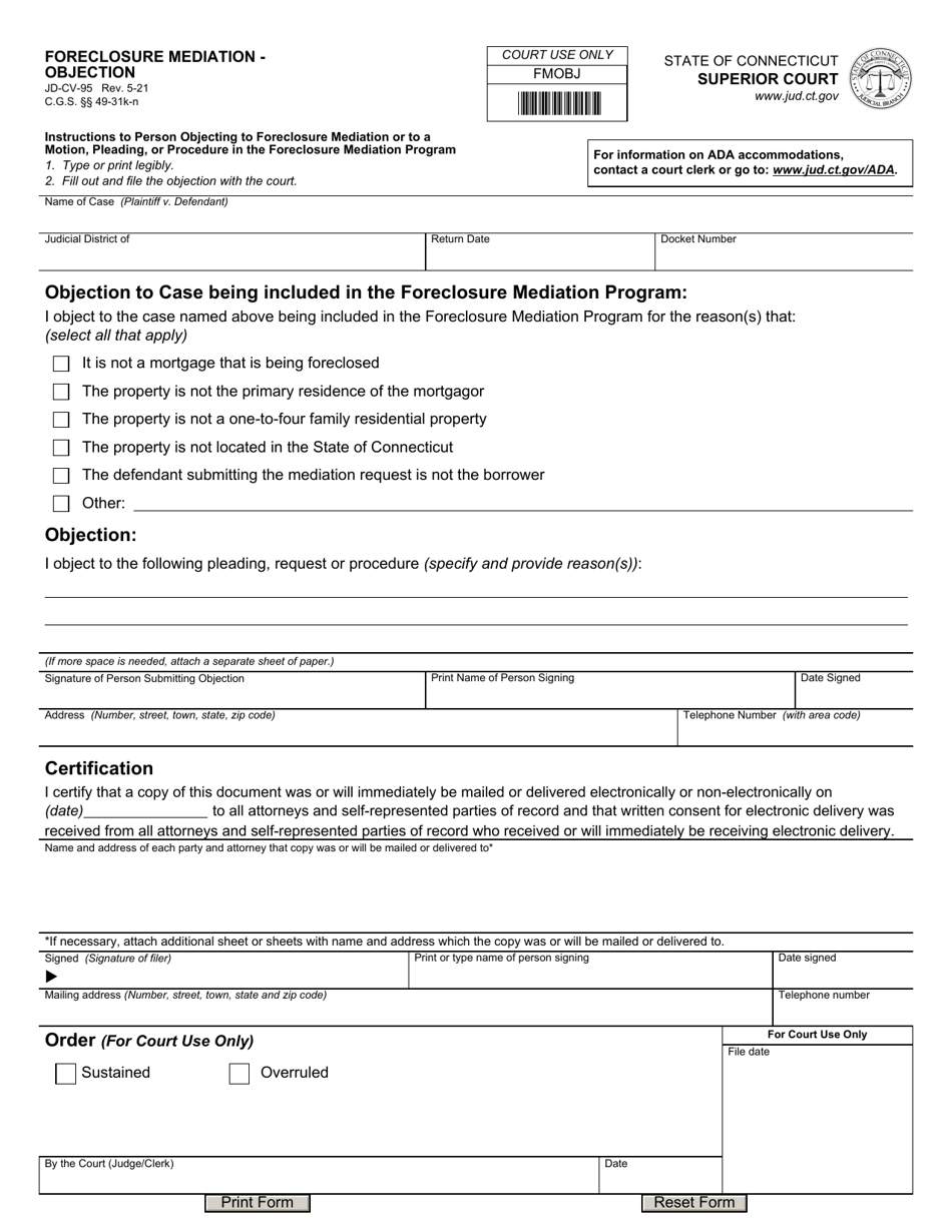 Form JD-CV-95 Foreclosure Mediation - Objection - Connecticut, Page 1