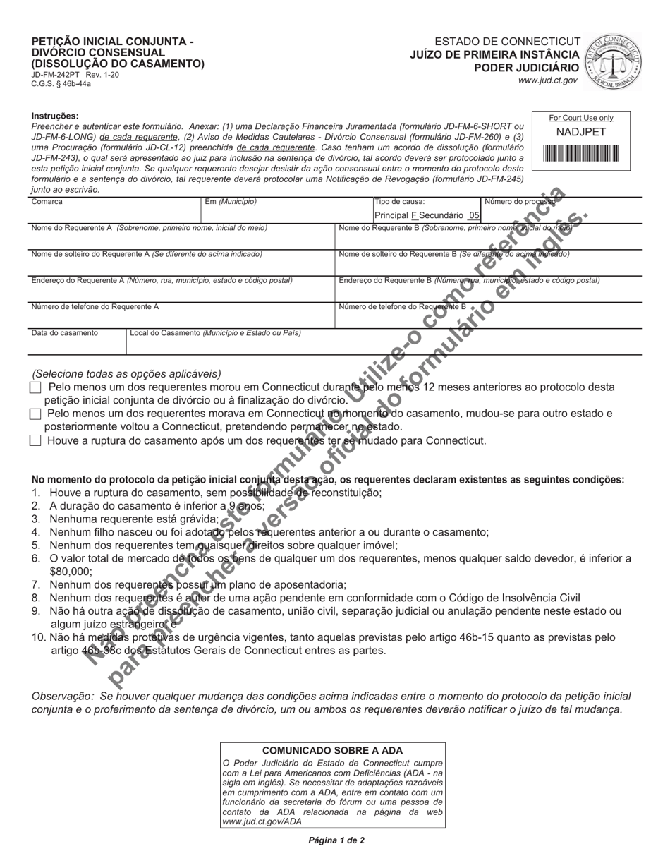 Form JD-FM-242PT Joint Petition - Nonadversarial Divorce (Dissolution of Marriage) - Connecticut (Portuguese), Page 1