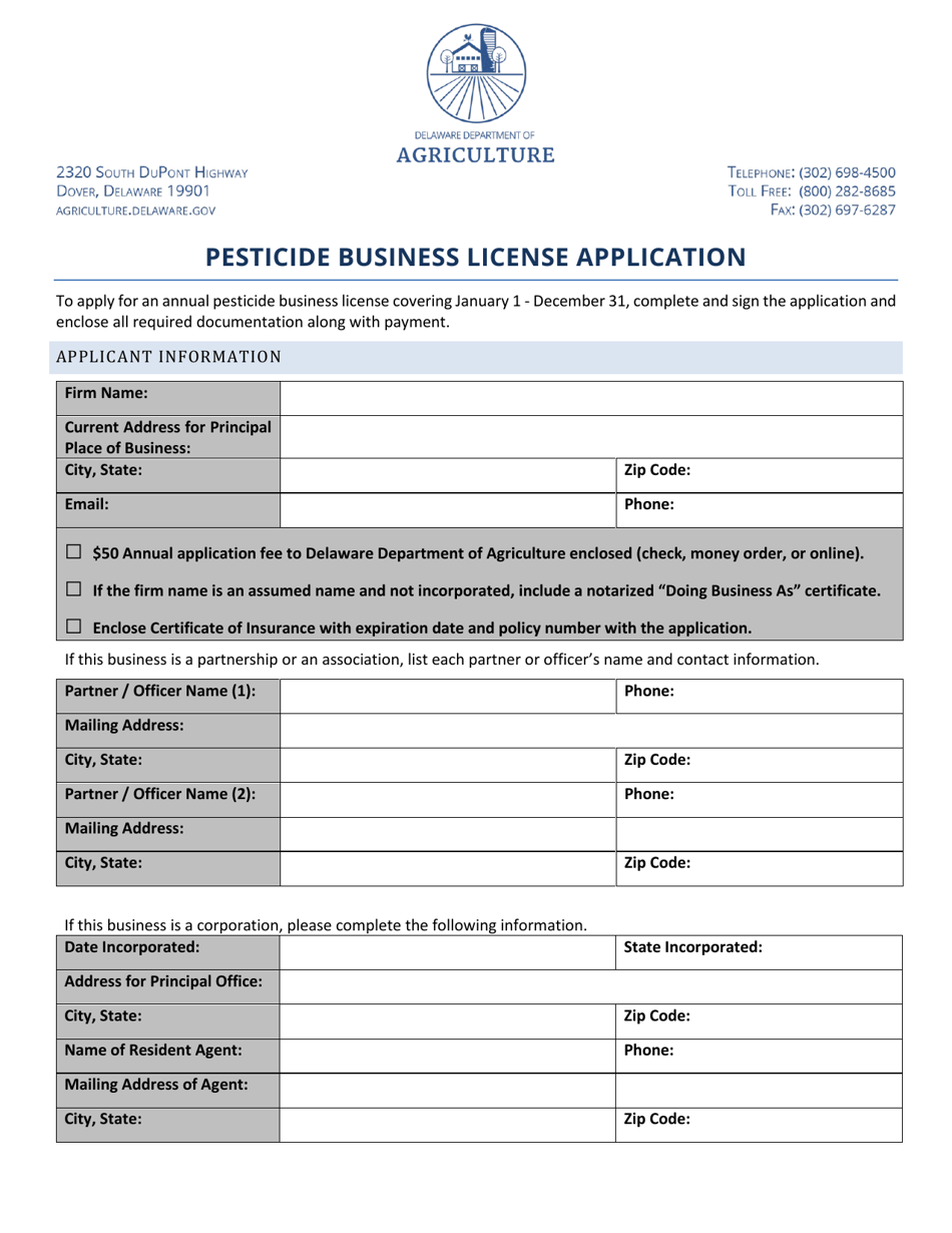 Pesticide Business License Application - Delaware, Page 1