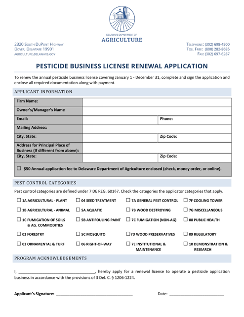 Pesticide Business License Renewal Application - Delaware Download Pdf