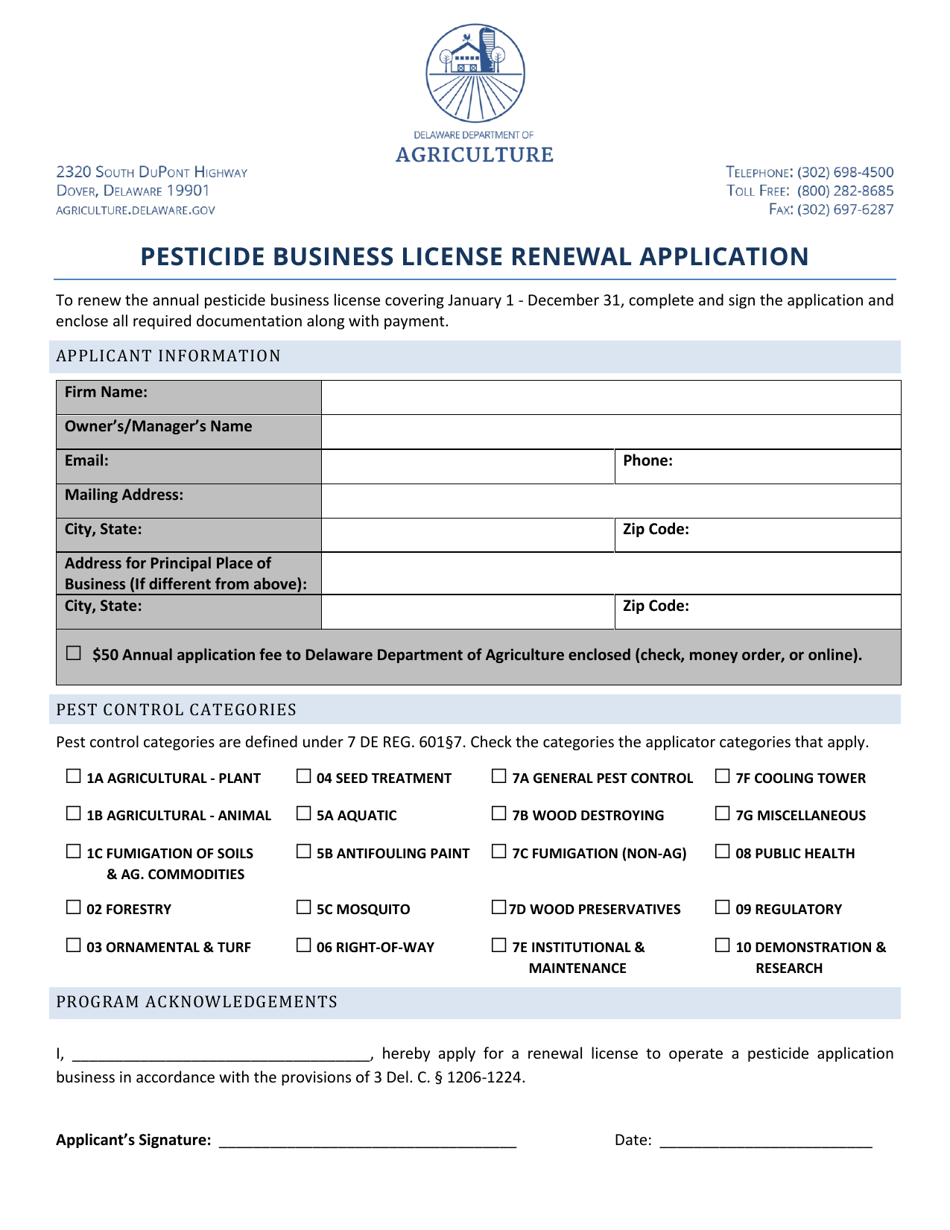 Delaware Pesticide Business License Renewal Application Fill Out
