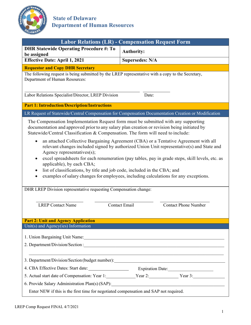 Labor Relations (Lr) - Compensation Request Form - Delaware, Page 1