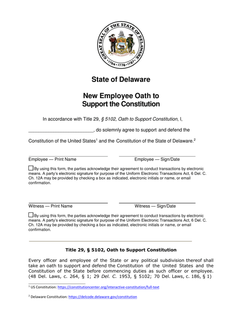 New Employee Oath to Support the Constitution - Delaware Download Pdf