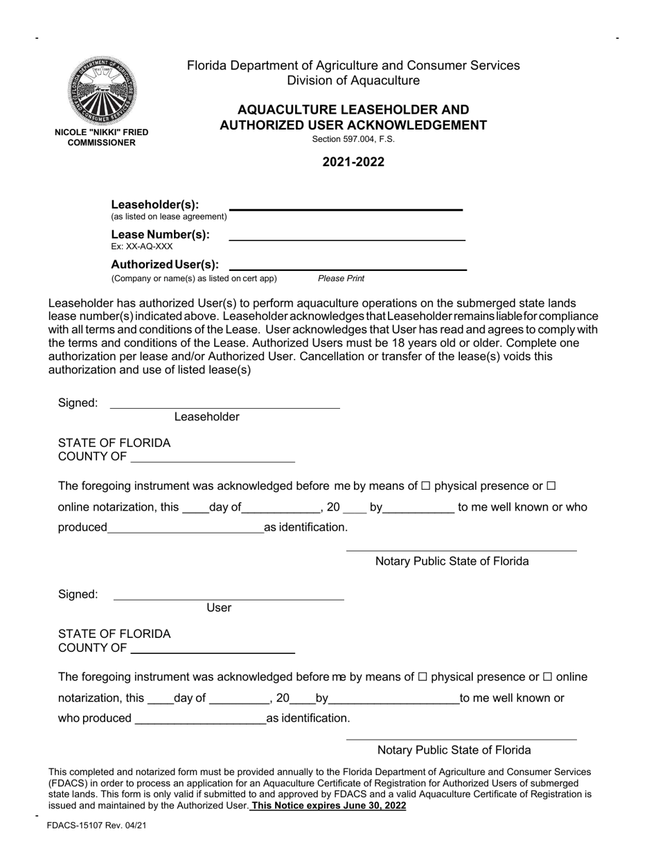 Form FDACS-15107 Download Printable PDF or Fill Online Aquaculture ...