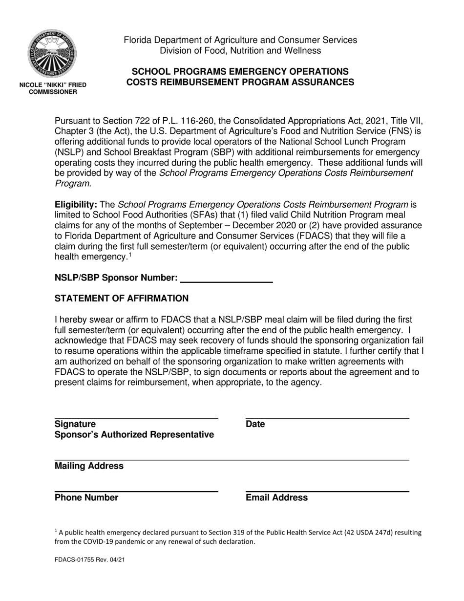 Form FDACS-01755 School Programs Emergency Operations Costs Reimbursement Program Assurances - Florida, Page 1