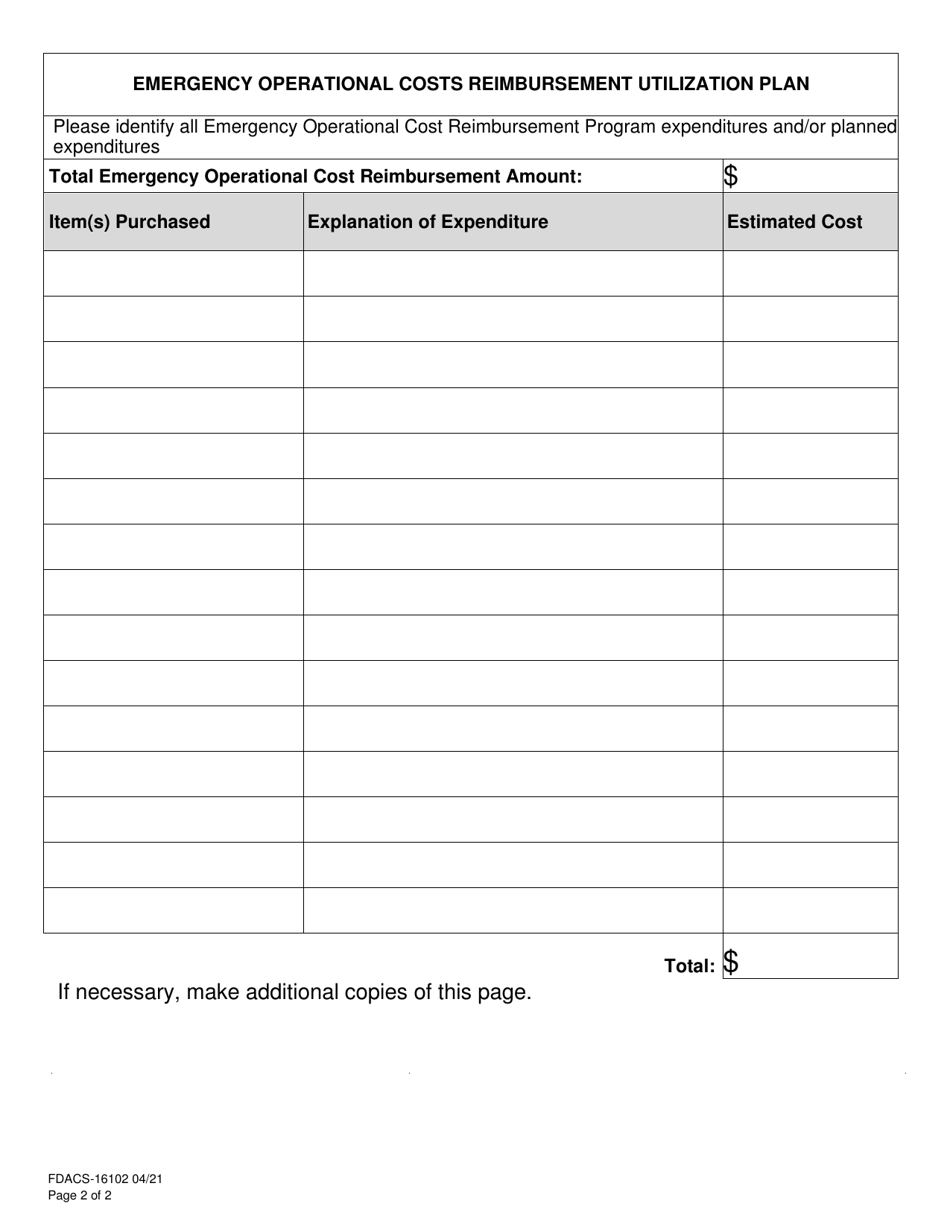 Form FDACS-16102 School Nutrition Programs Emergency Operational Costs Reimbursement Program Fund Utilization Plan - Florida, Page 2