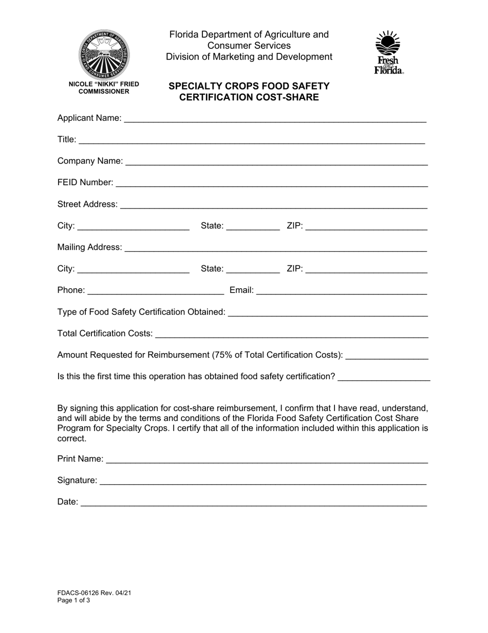 Form FDACS-06126 Specialty Crops Food Safety Certification Cost-Share - Florida, Page 1