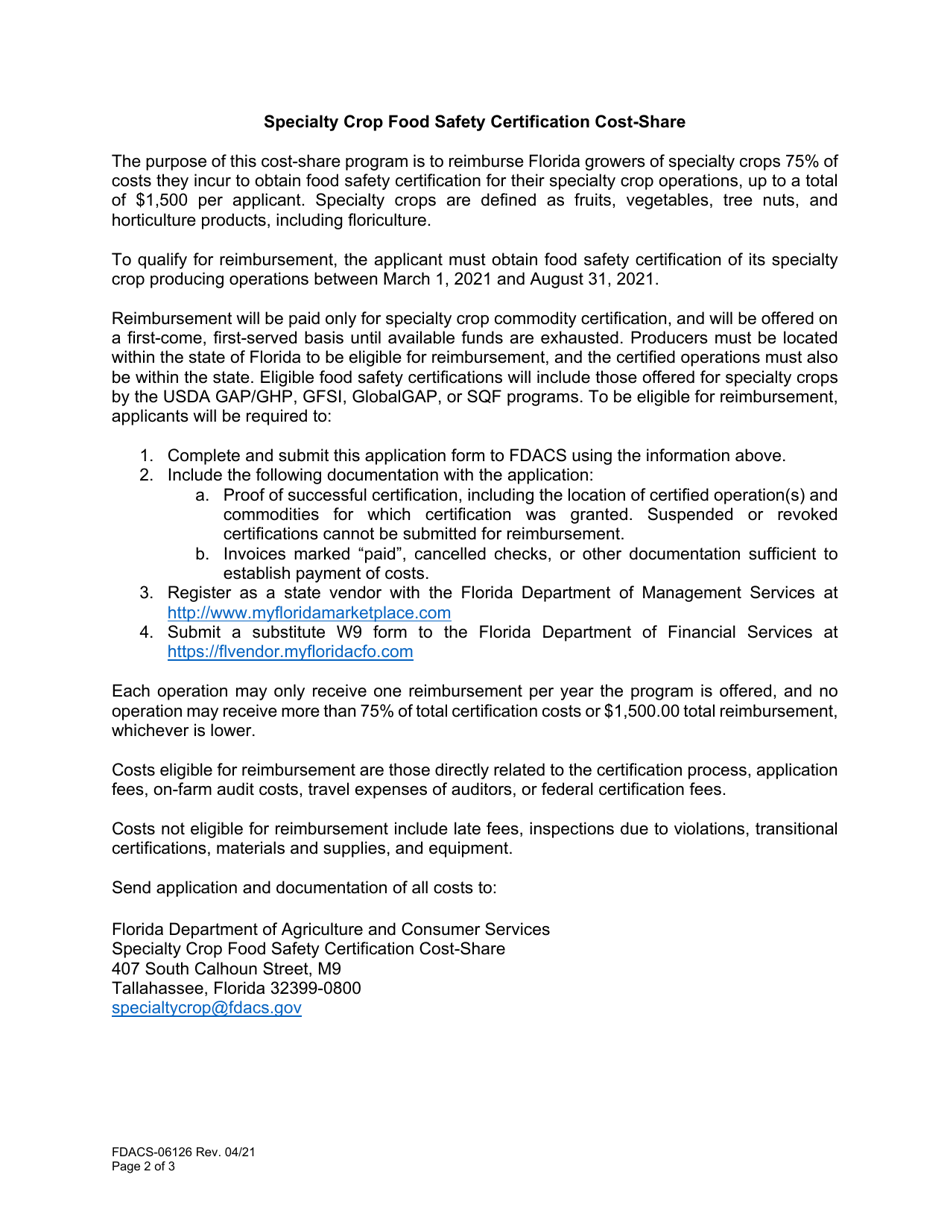 Form FDACS-06126 Specialty Crops Food Safety Certification Cost-Share - Florida, Page 2