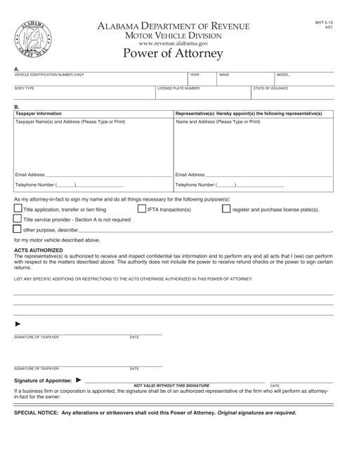 Form MVT5-13 Power of Attorney - Alabama
