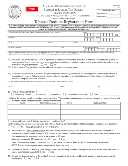 Form TOB: REG Tobacco Products Registration Form - Alabama
