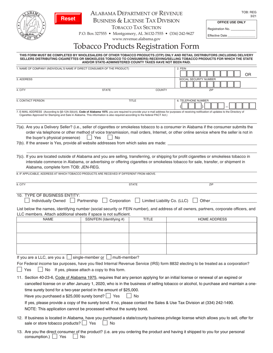 Form TOB: REG Tobacco Products Registration Form - Alabama, Page 1